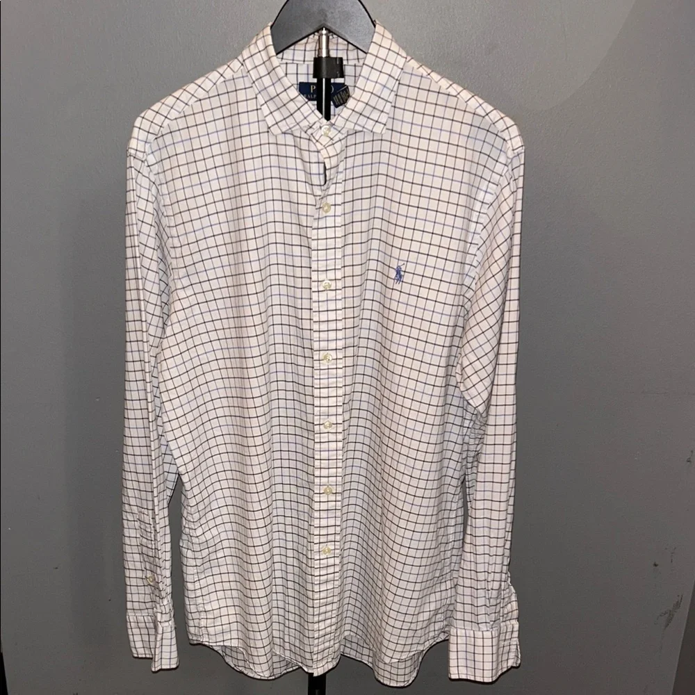 Polo by Ralph Lauren Men’s Large White Shirt Blue Windowpane Old Money Fashion